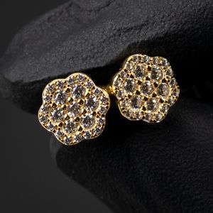 Men's Yellow Gold Sterling Silver Iced Flower Cluster Screw Back Stud Earrings